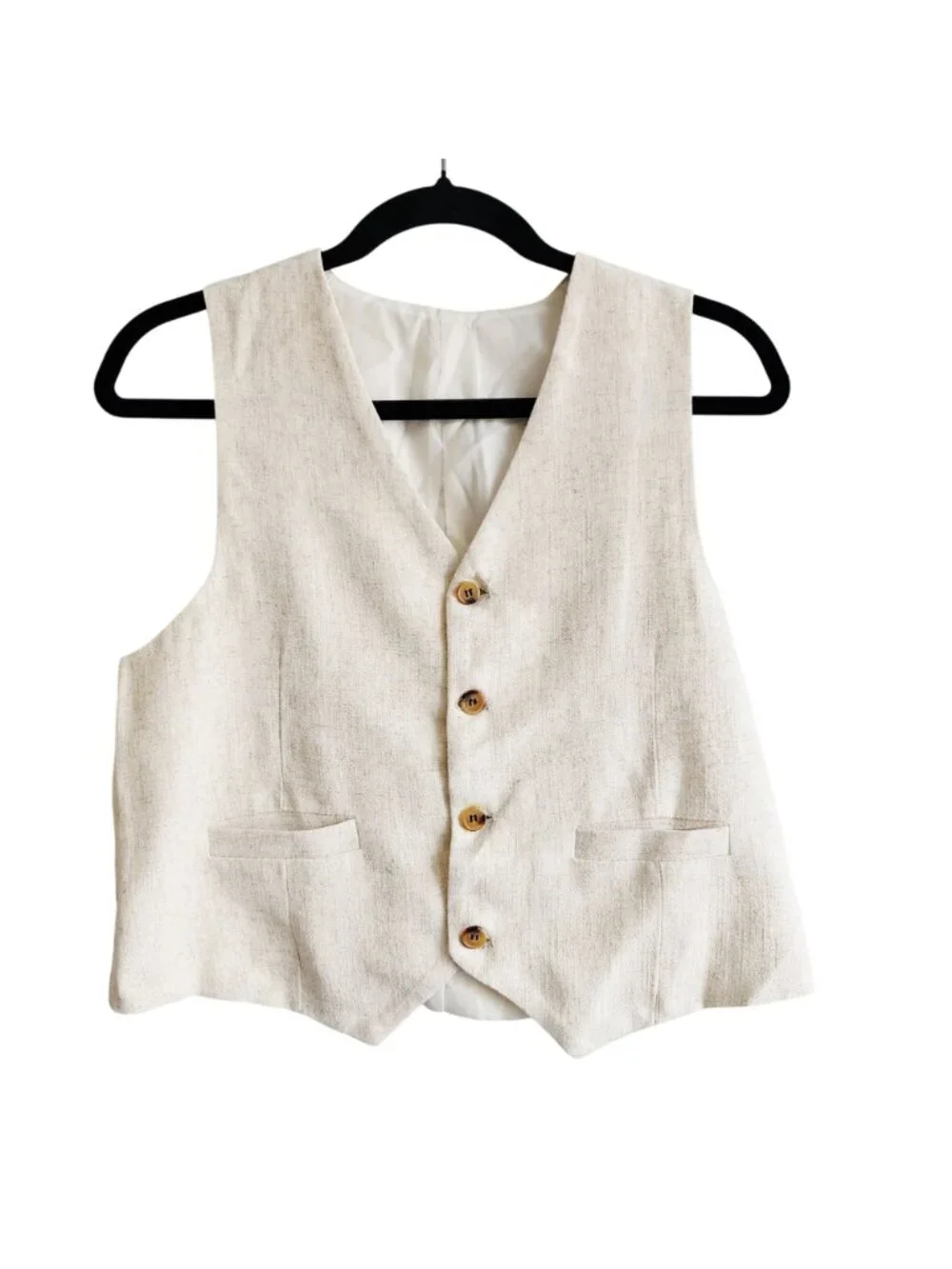 Three-Piece Boys Beige Linen Suit Blazer Vest & Pants Size 14